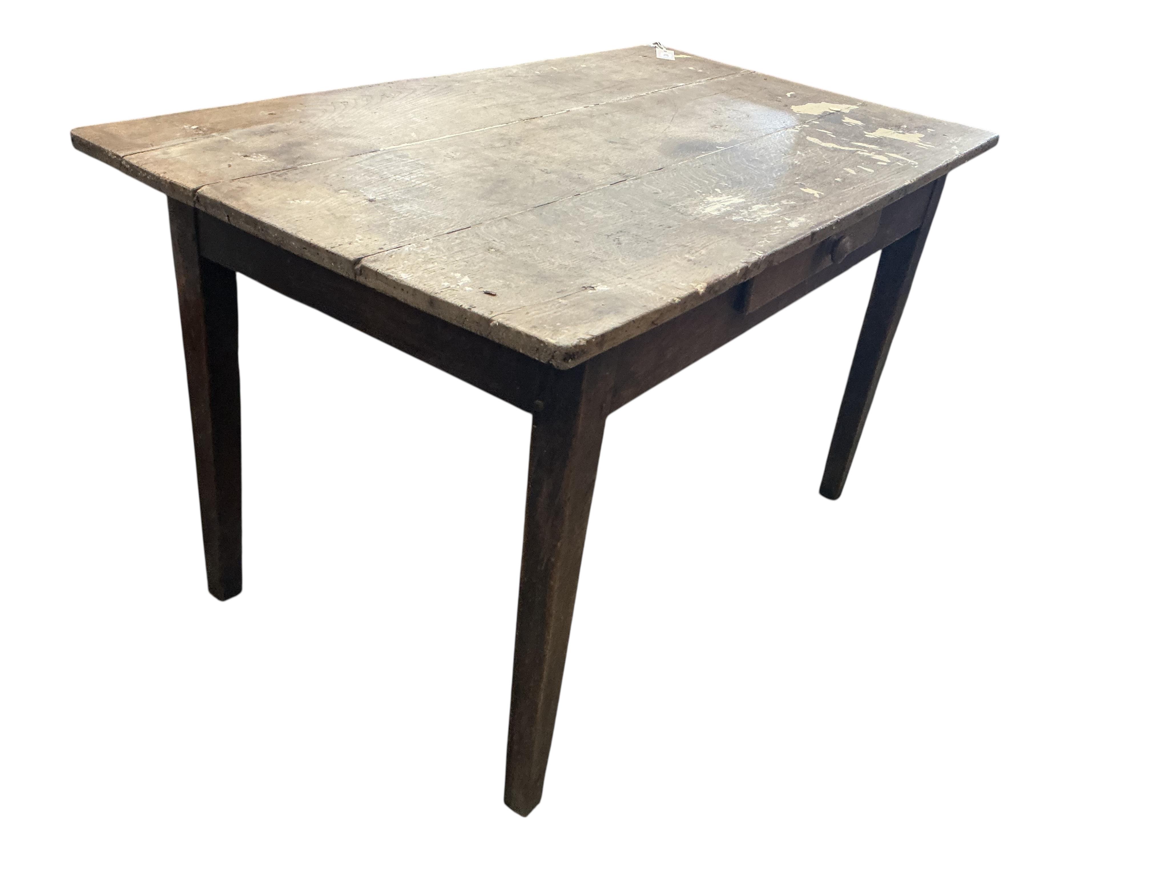 A 19th century French rectangular oak kitchen table, fitted drawer, width 121cm, depth 70cm, height 71cm